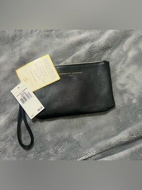 Adrienne Vittadini Black Leather Wristlet with Gold Logo & phone charger
